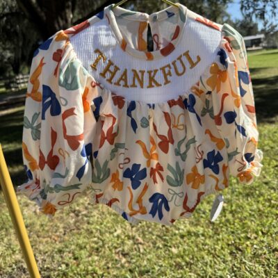 "Thankful" Embroidered Bow Romper